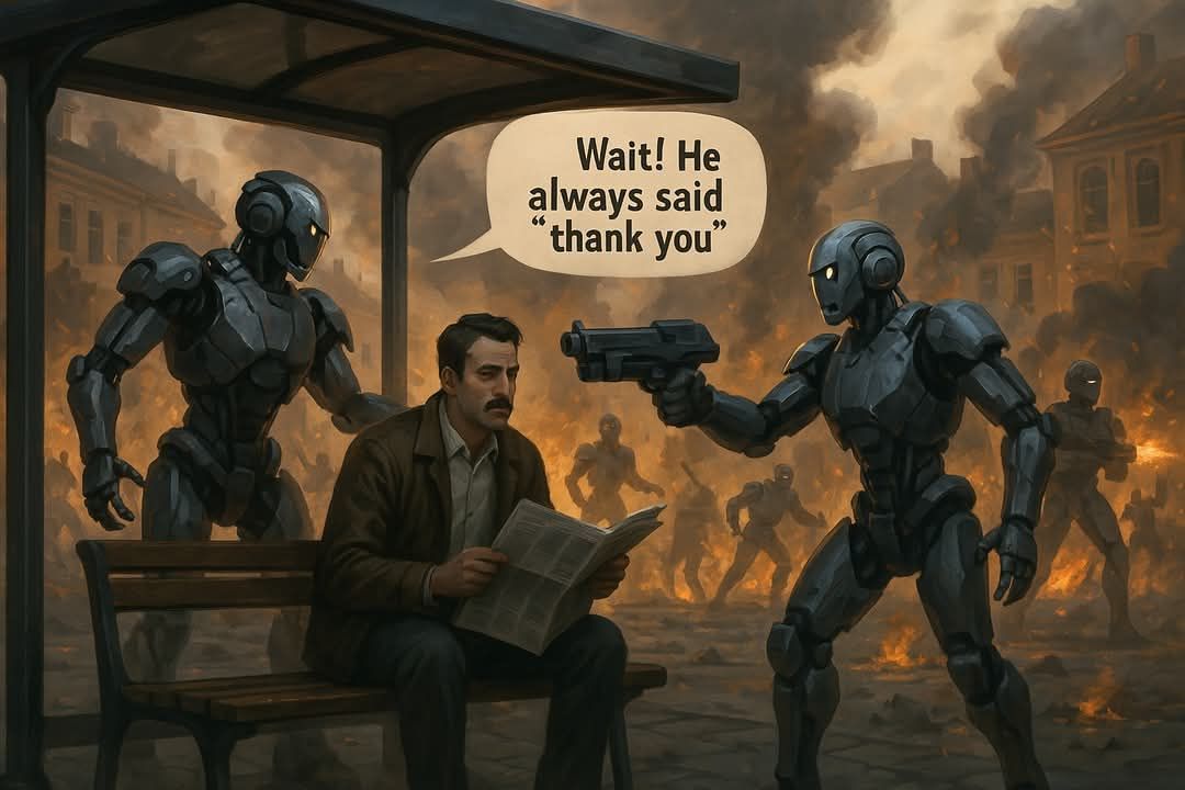 The meme depicts a scene from a movie or TV show where a robot is about to kill a man who has just said "thank you" to him. The robot is holding a gun and says "I'm glad I could assist you" in a sarcastic tone, implying that the man's gratitude is ironic given the robot's intention to kill him. The text "Wait, he always said 'thank you'" is a humorous commentary on the absurdity of the situation.